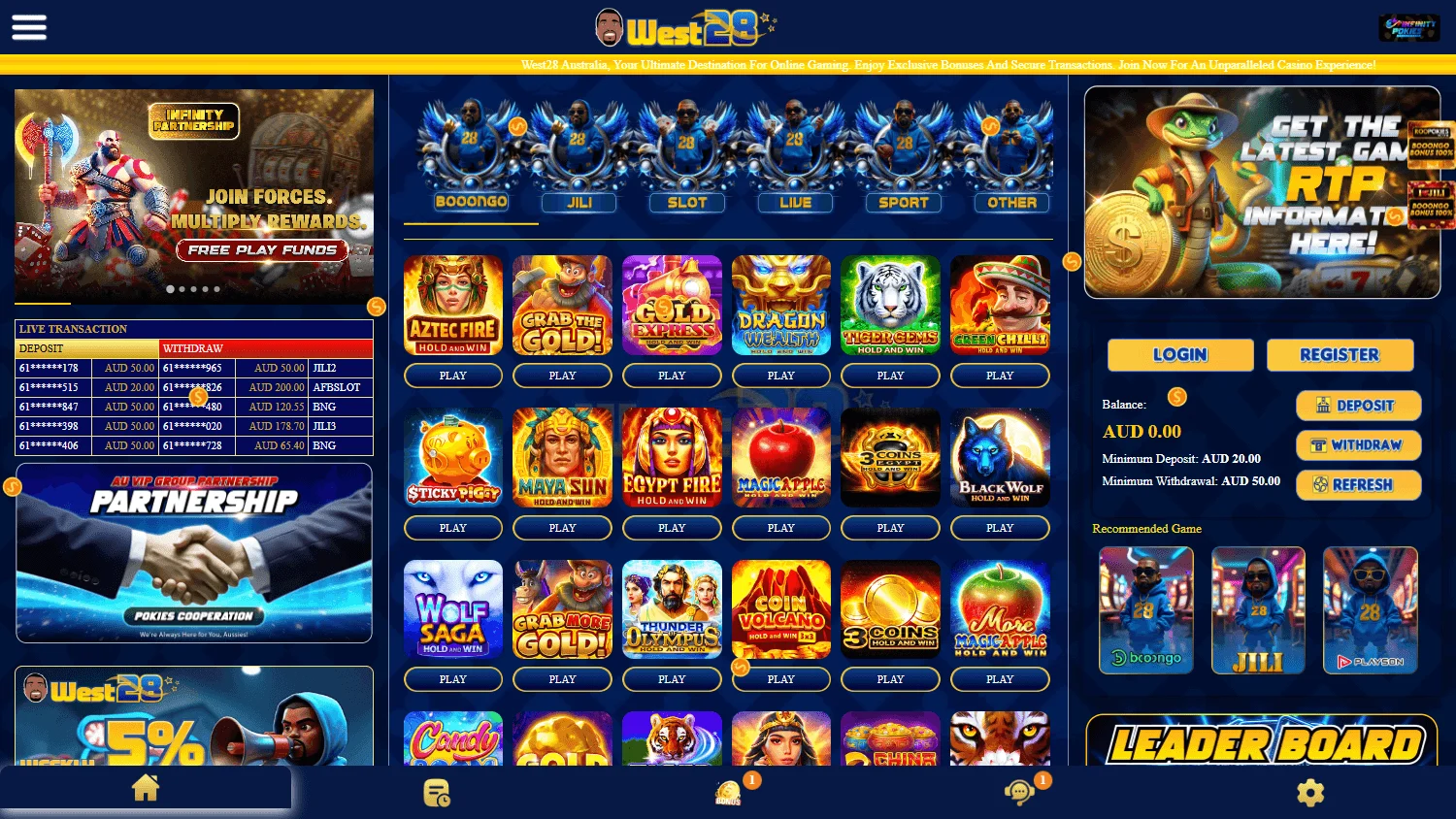 West28 Casino desktop home view with casino access and AUD support