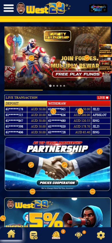West28 Casino home view accessed through a mobile browser