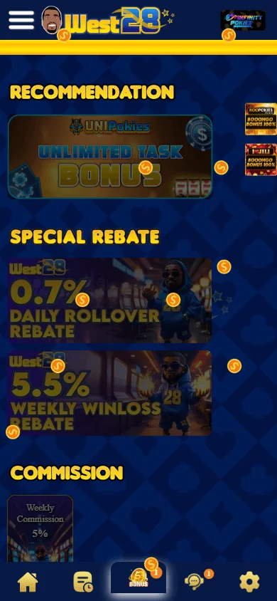 West28 Casino promotions area accessed through a mobile browser